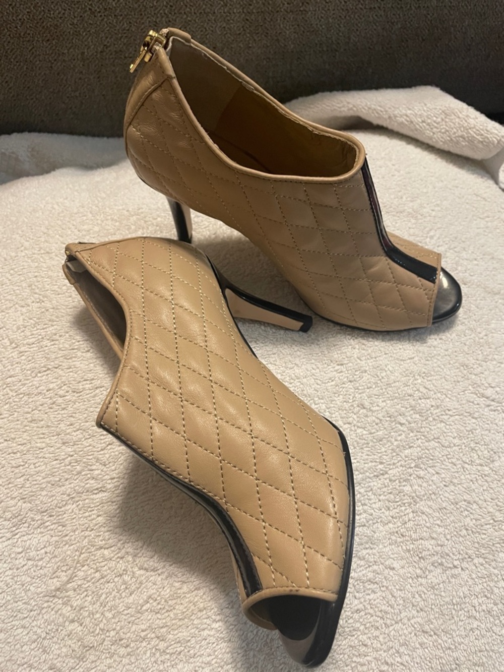 Neiman Marcus Beige Quilted Open-Toe Ankle Boots with Black Trim